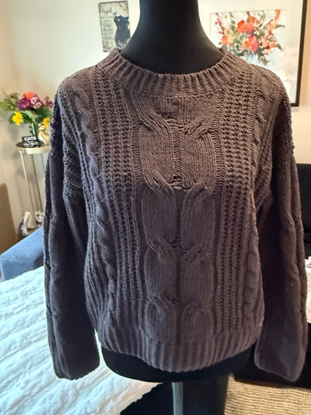 Hippie Rose Cable Knit Crewneck Sweater - Charcoal